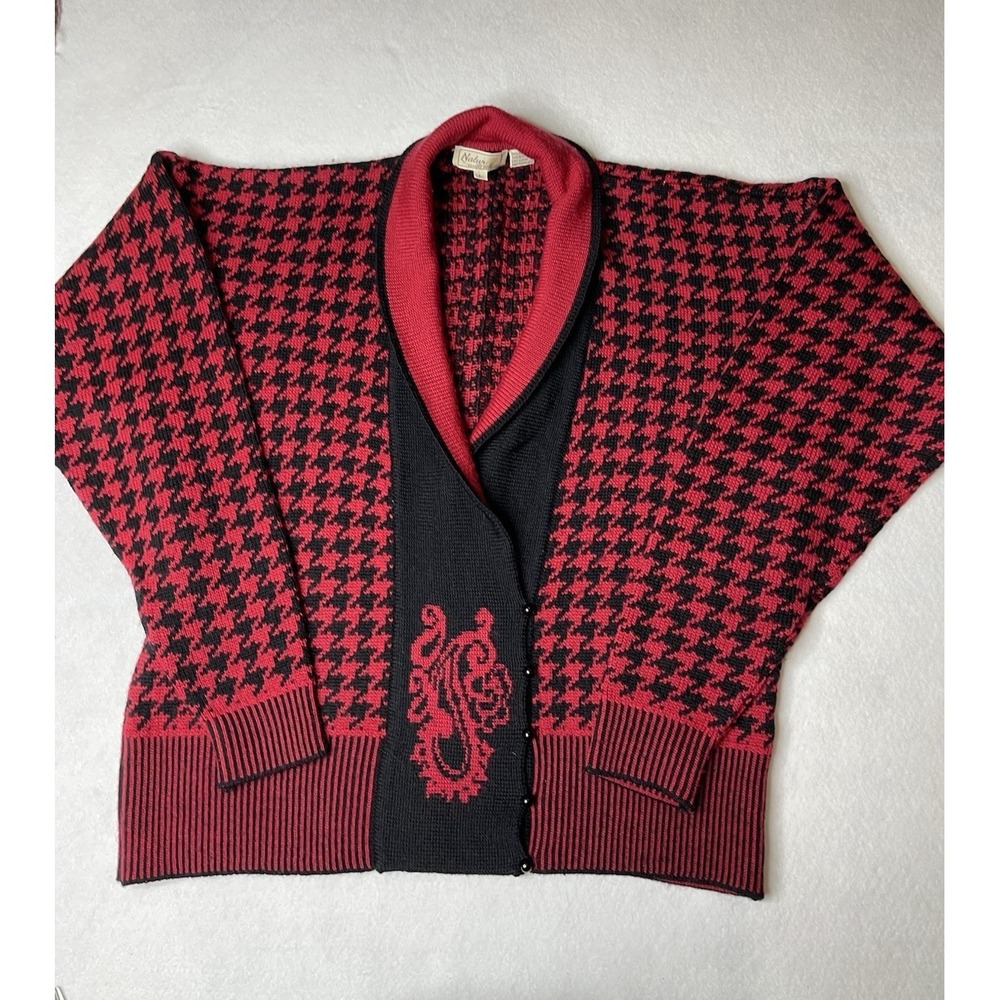 Vintage wool red and black cardigan houndstooth Large‎ Paisley 80's 90's